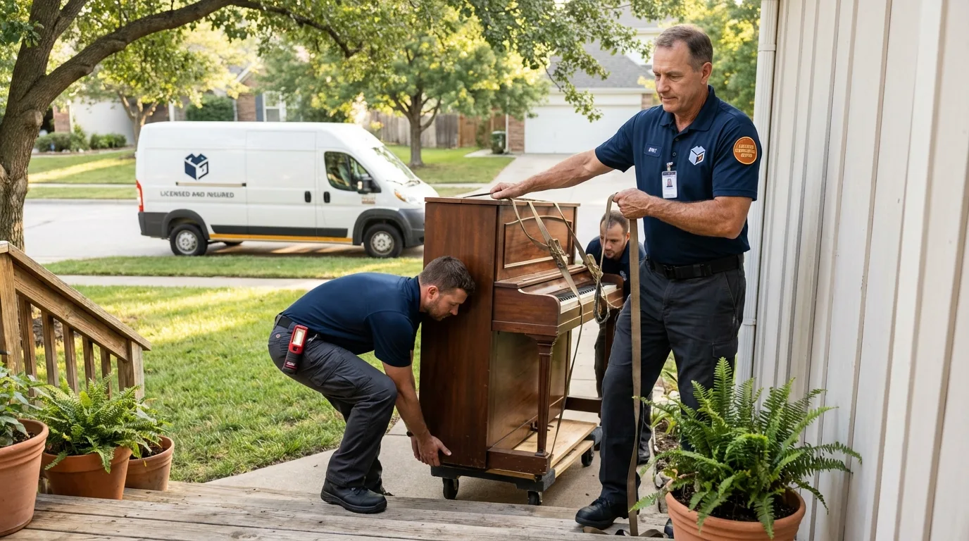Licensed piano movers securing grand piano in Billings, MO