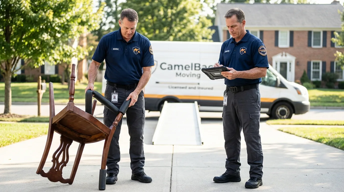 Movers inspecting furniture for damage prevention before loading in Billings, MO