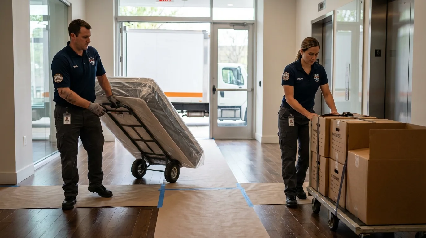 Professional apartment movers loading elevator in Billings, MO